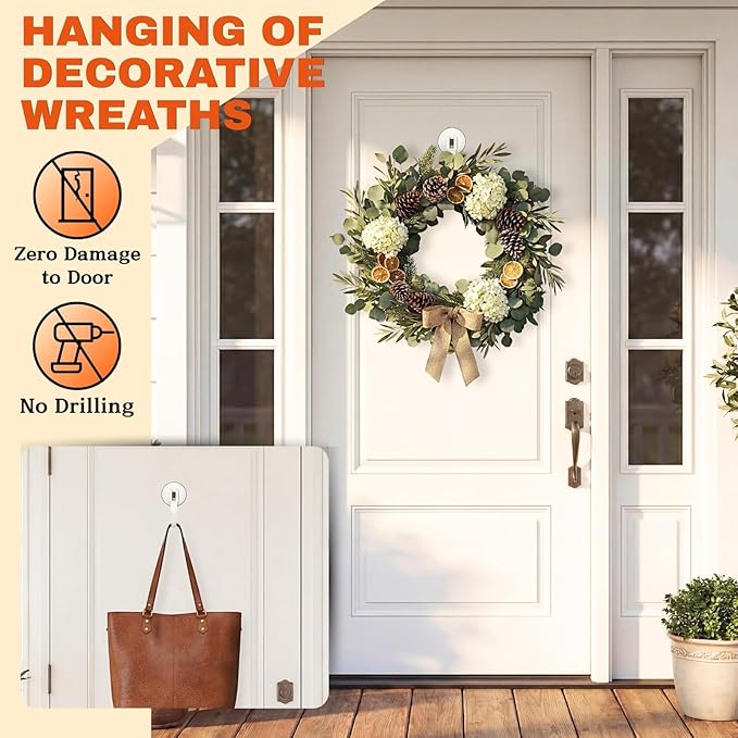 Suction Cup Hooks for Door Wreaths, 2 Pcs Removable & Reusable Christmas Wreath Hangers for Front Doors, No Drill Heavy Duty Vacuum Shower Hooks for Window Bathroom Towels RV Home Storage Hooks(White)