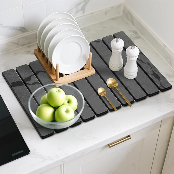 Large Stone Dish Drying Mat for Kitchen Counter, 2PCS 24"×16" & 8“x4" Quick Dry Stone Dishes Mats, Marbled Water Absorbing Diatomaceous Earth Drying Pad for Countertop Bottles Utensils Cups,Dark Gray