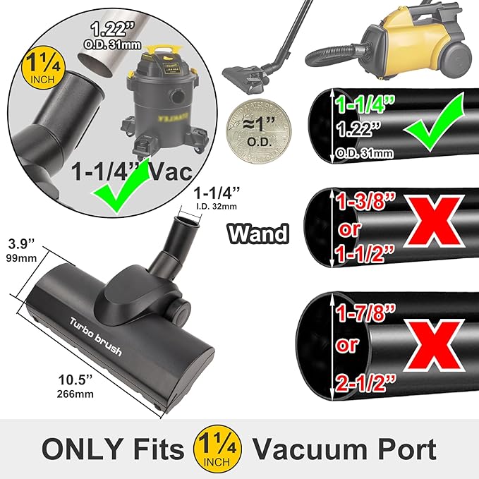 1-1/4" Turbo Brush Vacuum Accessory, as 1.25 Inch Shopvac Canister Universal Wet Dry Vac Floor Head Attachment, Ideal for Pet Hair Removal on Carpets Area Rugs Hardfloors (Turbo Brush)