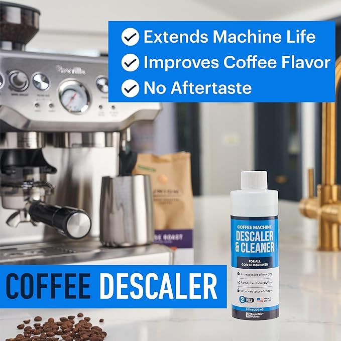 Essential Values Descaling Solution (8 fl oz / 236 ml) – Coffee Maker Cleaner for Nespresso, Keurig, Breville & More – Works on All Machines & Espresso Makers – Made in USA
