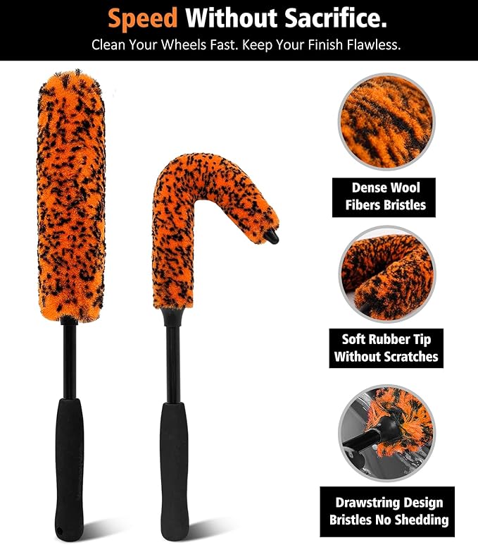 YeewayVeh 3PCS Quick Car Wheel Brush Kit, 2-Size 360° Bendale Rim Cleaner Brushes, Boars Hair Detailing Brush, Fast Scratch-Free Cleaning for Car Wheels, Motorcycle, Orange