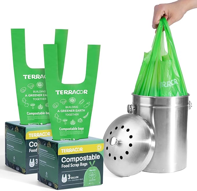 TERRACOR Compost Bags, 3 Gallon Compostable Food Scrap Bags Handle Tie,200 Count (Pack of 2),Certified by BPI and ASTM D6400
