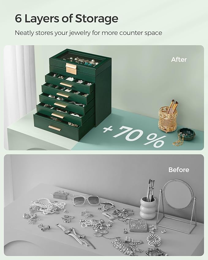 SONGMICS Jewelry Box Organizer with Glass Lid, 6-Layer Jewelry Storage, with 5 Drawers, Modern Style, 6.4 x 9.9 x 11.4 Inches, Forest Green and Gold Color UJBC171C01