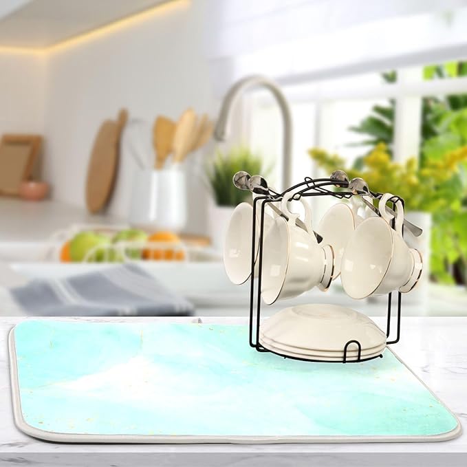 Turquoise Marble Dish Drying Mat for Kitchen Countertop 16x18 Aqua Tie Dye Small Drying Mat Reusable Quick Dry Dish Sink Mats Easy Clean Decorative Essentials