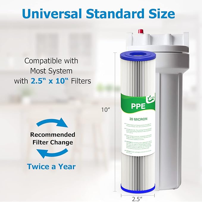 VEGEBE 20 Micron Water Filter 10" x 2.5", 10-inch Whole House Sediment Pre-Filters for Well & Tap water, Replacement Cartridge for FXWPC, EQ-PFC35, ECP5-10, S1, 3WH-STDPL-F02, SPC-25-1005, 6-Pack