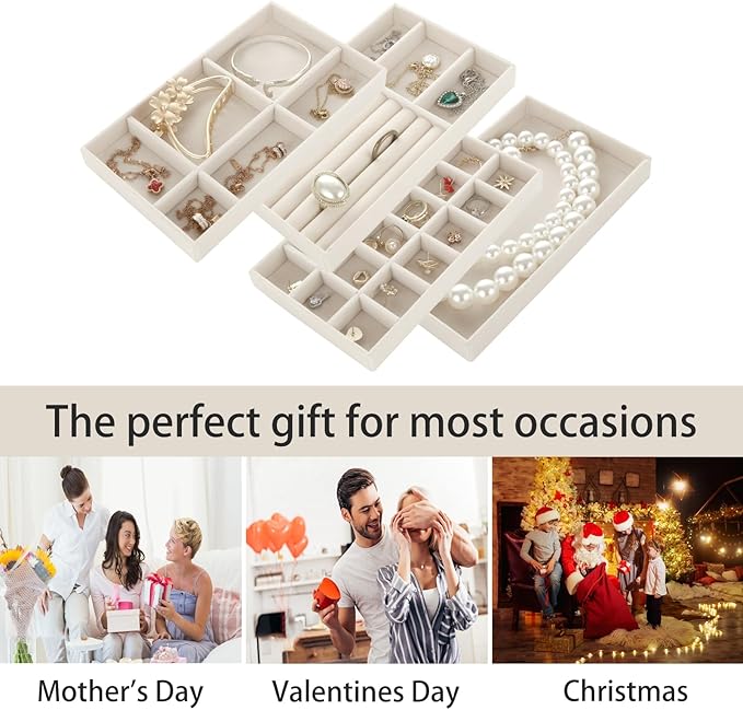 GBACHOOSE Set of 8 Velvet Jewelry Tray, Jewelry Drawer Organizer Stackable Jewelry Drawer Inserts for Earring, Ring, Brooch, Watch, 8.3"x4.8"x1"(4 Styles)