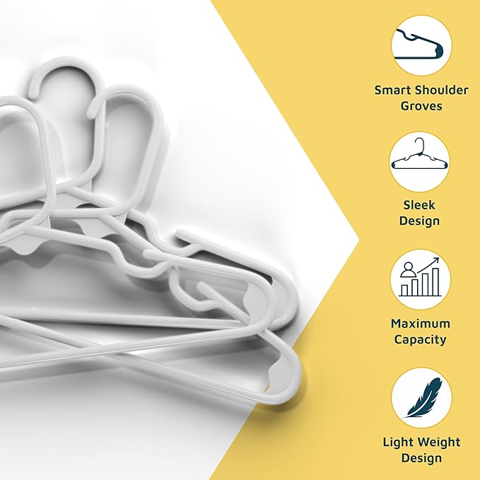 Lifemaster Plastic Kids Clothes Hanger – Children Clothes Hanger with Shoulder Notch, 11.6 Inch Space-Saving Closet Organizer for Baby, Toddler, and Kids Clothing, Hold Up to 5 lbs, Pack of 20, White