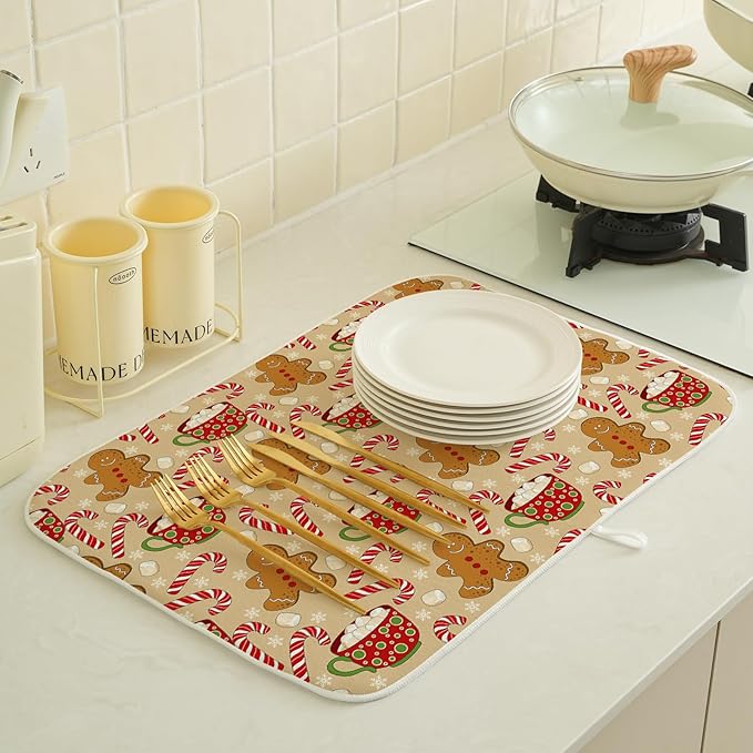 Christmas Dish Drying Mat 18x24 Inch Winter Brown Gingerbread Man Dish Drainer Protector Pad for Kitchen Counter Absorbent Marshmallow Candy Xmas Drying Pad for Drainer Rack Kitchen Fast Dry