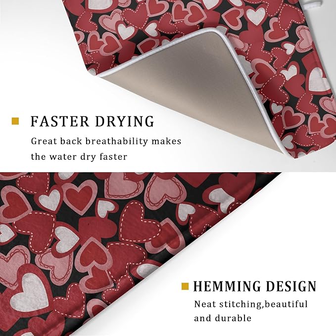 Valentines Day Dish Drying Mat for Kitchen Counter 24x18 Inch Love Drying Mat with Absorbent Reversible Microfiber Black Red Grey Heart Dish Drainer Mats Rack Pad for Coffee Countertop Protector