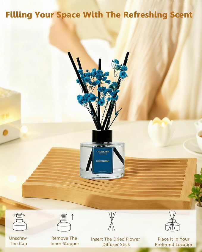 Reed Diffuser Set-Clean Linen Scent Fragrance Oil Diffuser with 6 Reed Sticks | Home & Bedroom Bathroom Decor,3.38 fl oz (100ml) (Clean Linen)