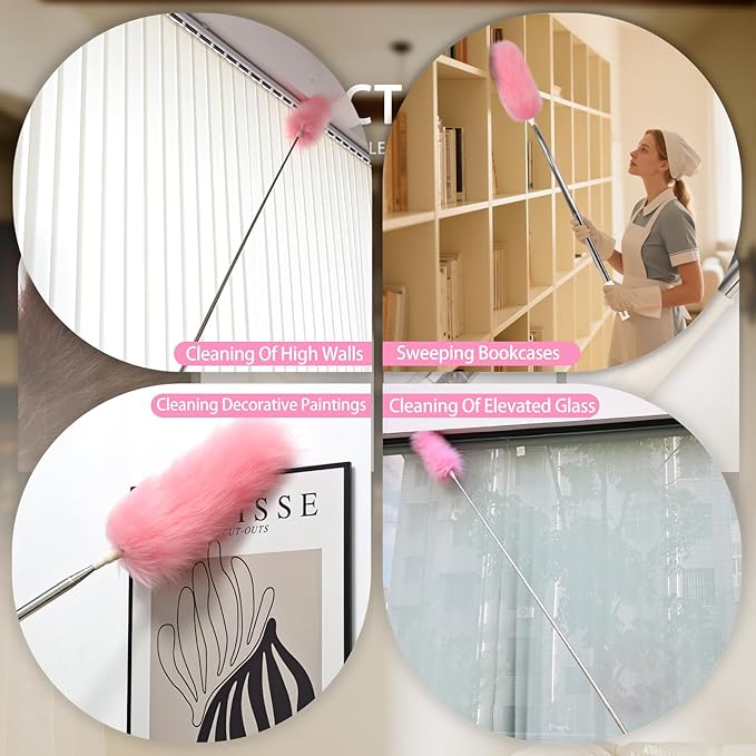 iHUFeather Extendable Lambswool Duster Stainless Steel Handle 133" Removable Feather Duster for Cleaning Ceiling Fans Interior Roof Furniture, Pink