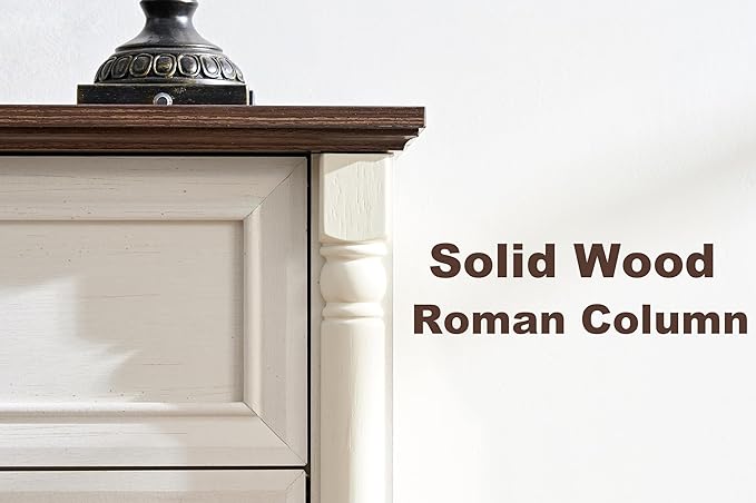 Farmhouse 6 Drawer Dresser with Roman Column Design, 47" Wide Wood Chest of Drawers for Bedroom, Living Room, Antique White