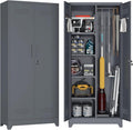 72.8" H Metal Garage Storage Cabinets, Metal Storage Cabinet with Hanging Rod & S-Hooks, Broom Closet Storage with Shelves, Functional Storage Cabinets for Garage, Warehouse, Grey