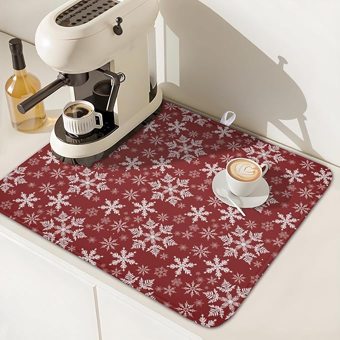 Christmas Dish Drying Mat for Kitchen Counter 18x16 Inch Xmas Snowflake Drying Mat with Absorbent Reversible Microfiber Red Dish Drainer Mats Rack Pad for Coffee Countertop Protector