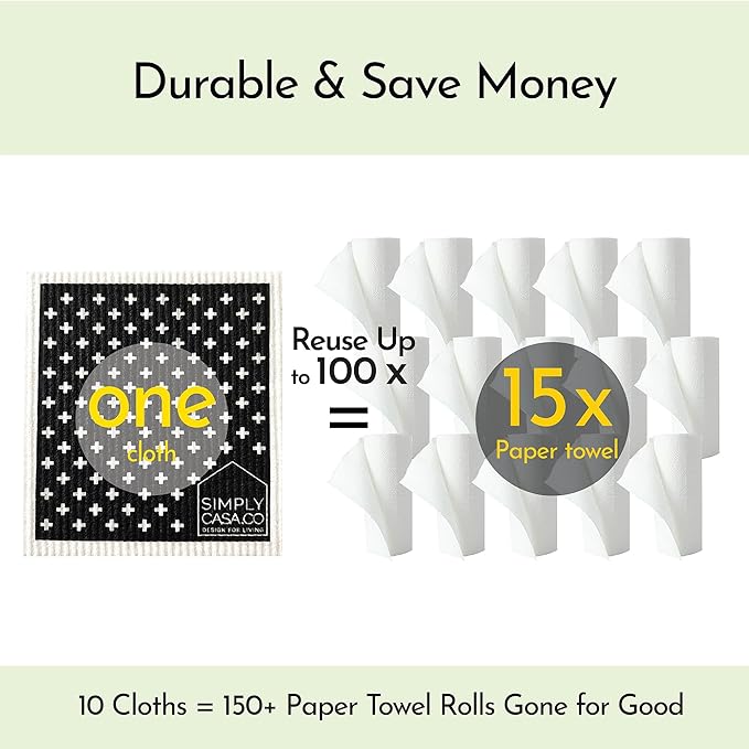 SIMPLYCASA 10-Pack Swedish Dishcloths – Reusable Dishcloth, for Kitchen and Household Use, Made in Sweden, Cellulose Sponge Dish Cloths, Paper Towel Replacement, Plastic-Free Packaging