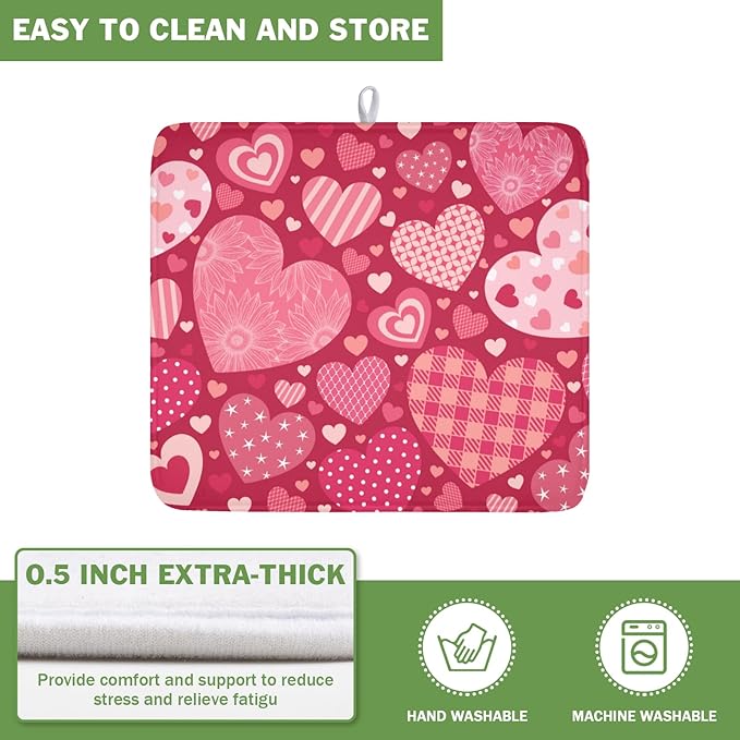 ABSOP Valentine's Day Dish Drying Mat 16 x 18 Inch Heart Shaped Pattern Dish Drying Pad Absorbent Microfiber Mats for Red Dish Rack Pad for Kitchen Counter Coffee Bar Decor