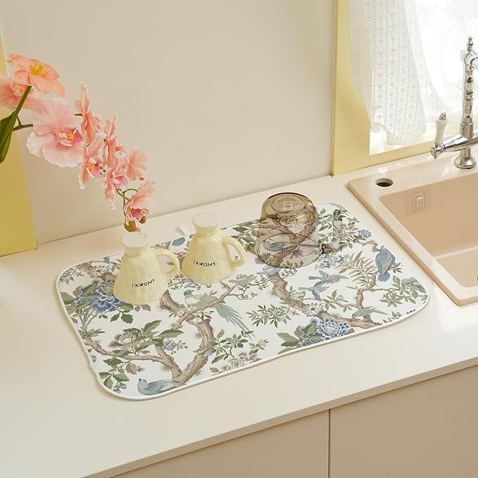 Blue Green Dish Drying Mat 18x24 Inch Chinoiserie Vintage Floral Bird Drying Mat Spring Summer Flower Seasonal Absorbent Dish Drying Pad Dish Rack Drainer Mats for Kitchen Dining Counter