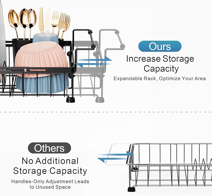 iSPECLE Expandable Dish Drying Rack with Silicone Mat for Sink or On Counter, Rust Resistant Adjustable Dish Drainer with Tightening Knob, Arms with Non Slip Rubber, 12.8" W x 12.4"-17.1" L, Black