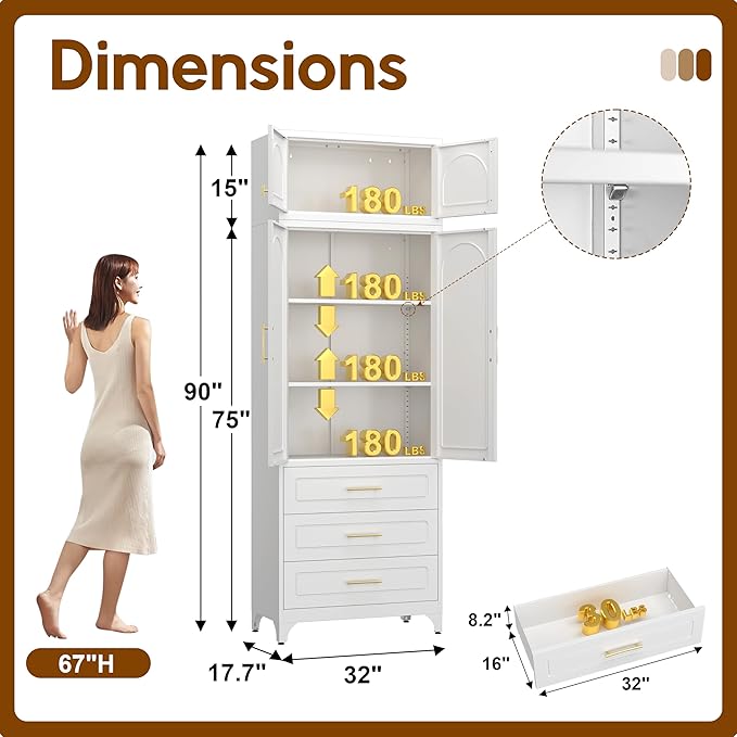 90" Pantry Kitchen Cabinet with Drawer, 75" Pantry Cabinets with 15" Cabinets, Freestanding Kitchen Storage Cabinet for Dining Room, Living Room, Alacena para Cocina, Assembly Required, White