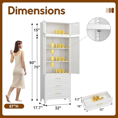 90" Pantry Kitchen Cabinet with Drawer, 75" Pantry Cabinets with 15" Cabinets, Freestanding Kitchen Storage Cabinet for Dining Room, Living Room, Alacena para Cocina, Assembly Required, White