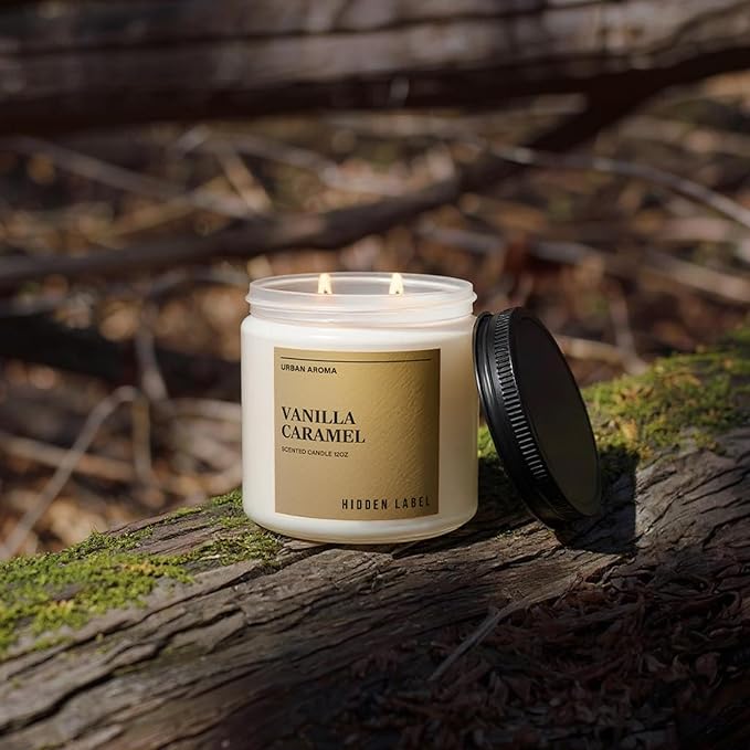 Hidden Label Vanilla Caramel Scented Candle, 12oz 2 Wick Non Toxic Candles for Home Scented, Natural Soy Wax Clean Burning Aromatherapy Candle, 70H Long Lasting for Gifts Stress Relief & Relaxation