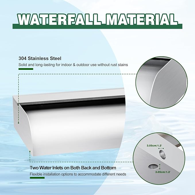 Pool Fountain Waterfall Spillway with Wider Water Flow Platform, Stainless Steel Waterfall with Pipe Connector Kits, Water Feature Spillway for Garden Decor, Patio, Ponds, 11.8"x11.8"x3.9