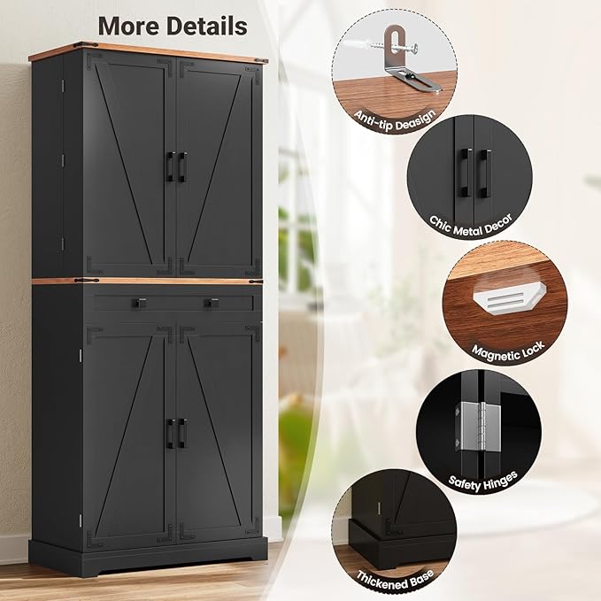 ELYKEN 72" Pantry Cabinet, Black Farmhouse Tall Kitchen Storage Cabinet with Drawer, Sliding Rack & Door Shelf for Spice Snacks Canned, Dining Room Kitchen
