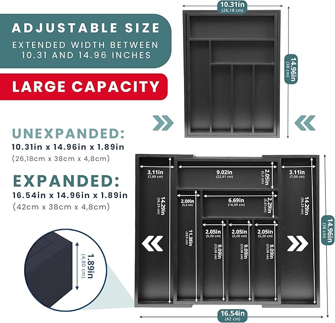 Sben Expandable Drawer Organizer for Utensils Holder, Adjustable Cutlery Tray, 6-8 Slots, Premium Wood Drawer Dividers Organizer for Silverware, Flatware, Knives for Kitchen (Black)