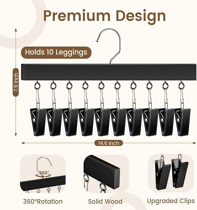 2 Pack Leggings Hangers for Closet, Wooden Legging Hanger for Closet Organizer with 20 Upgraded Clips Holds 20 Leggings, 360° Rotatable Space Saving Yoga Pants Hanger for Socks, Skirts, Black