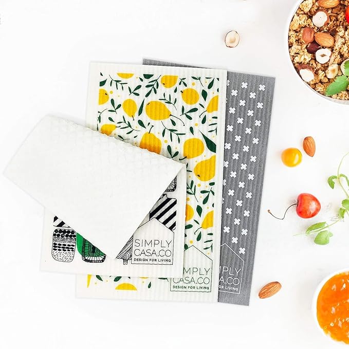 SIMPLYCASA Long 5‑Pack Swedish Dishcloths – Reusable, Cellulose Sponge Dish Cloths for Washing Dishes, Paper Towel Replacement, Plastic-Free Packaging, Super Absorbent