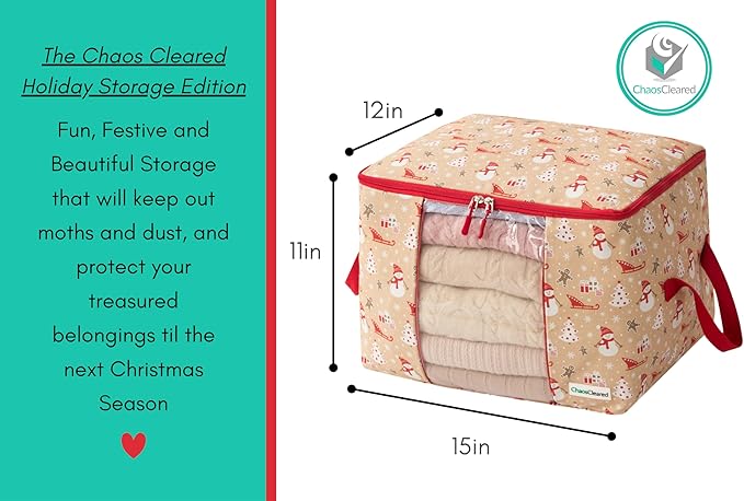 Canvas Storage Bags Designer Organizer 2 Pack – Seasonal Storage for Sweaters, Blankets, Linens & Garments – Foldable Design with Zip & Window, Moth-Proof Space Saver, Snowman Print