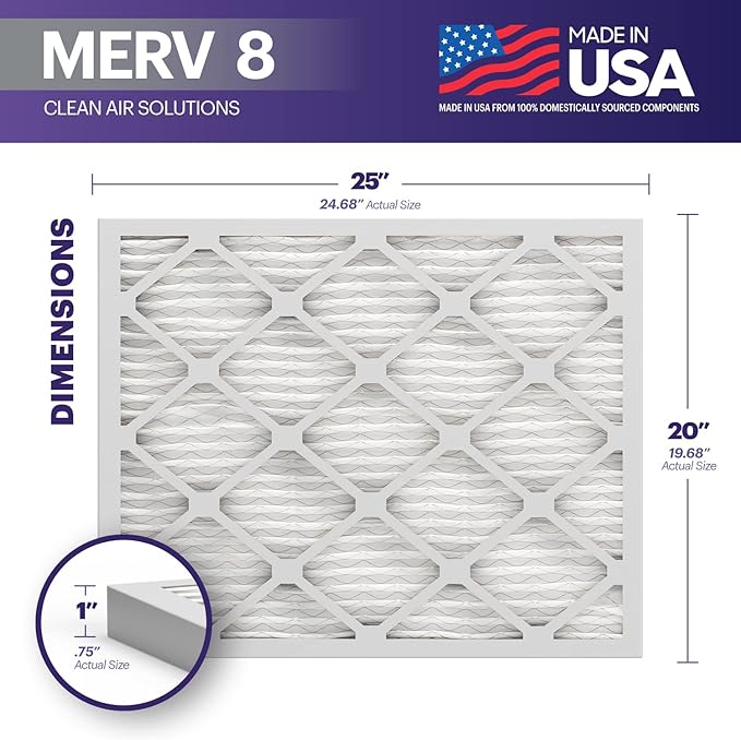 BNX TruFilter 20x25x1 Air Filter MERV 8 (6-Pack) - MADE IN USA – Dust & Pet Defense Electrostatic Pleated Air Conditioner HVAC AC Furnace Filters for Dust, Pet, Mold, Pollen MPR 600 – 700 & FPR 5