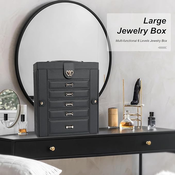 Large Jewelry Box,Jewelry Organizer Box with 5 Drawers,6-Tier Jewelry Holder Organizers Jewelry Storage Case with Mirror,Jewelry Boxes for Women (Black)