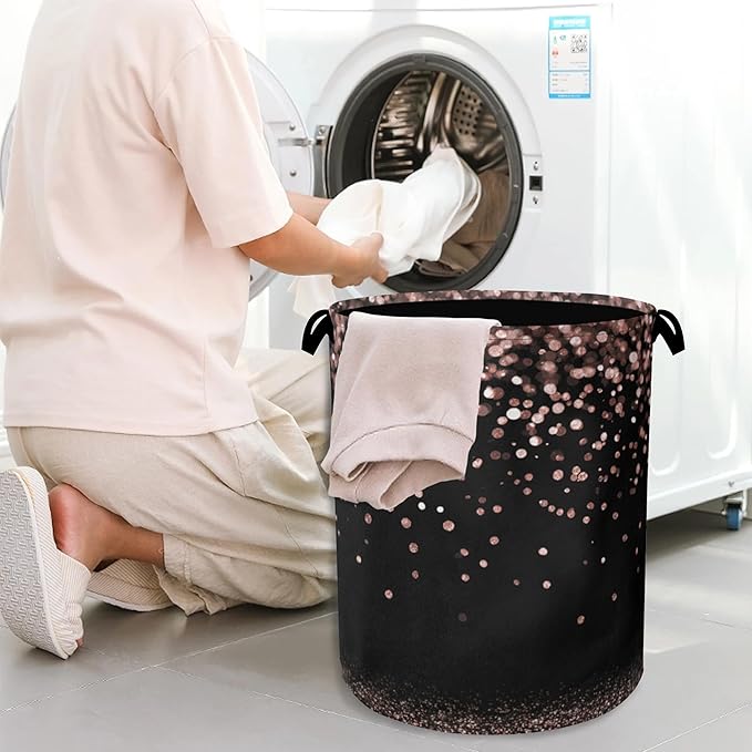 Pink Glitter Laundry Hamper,Dirty Clothes Laundry Basket with Handles Waterproof Oxford Cloth Storage Basket for College Dorms Bathroom Bedroom 16" x 20.8"