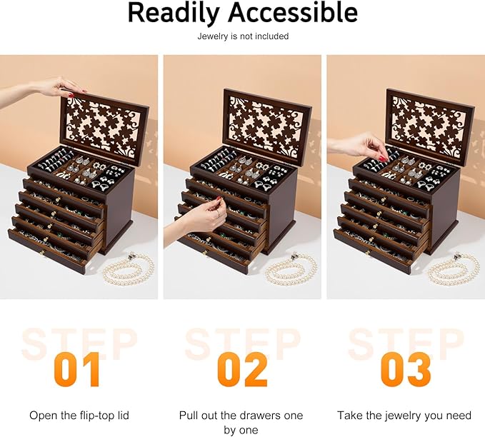 Jewelry Box,Wooden Jewelry Organizer,6 Layers Large Capacity Jewelry Holder Watches Necklace Ring Storage Box (Wood Color 6-tier)