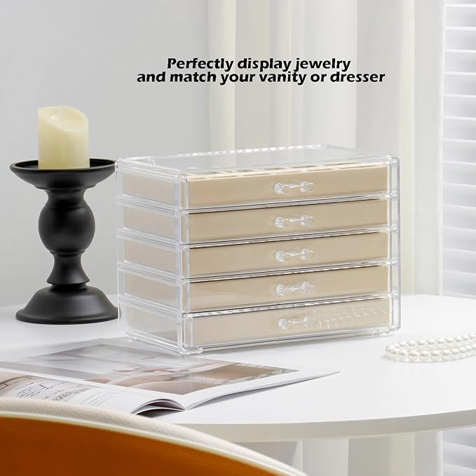 Jewelry Organizer with 5 Drawers Clear Acrylic Earring Display Case Velvet Jewelry Storage Box Display Holder for Earring Ring Bracelet Necklace (Beige, 66 Grids)