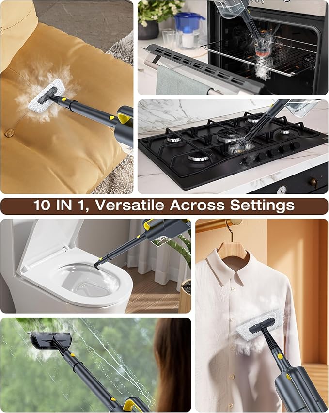 LABIGO 10-in-1 Steam Mop with Detachable Handheld Steamer, 350ml Tank, 10s Heat-Up, 248°F Steam Cleaner, 2-Level Control and Swivel Head for Floors, Carpets, Tiles, BBQ grill Multi-Surface Dark Grey