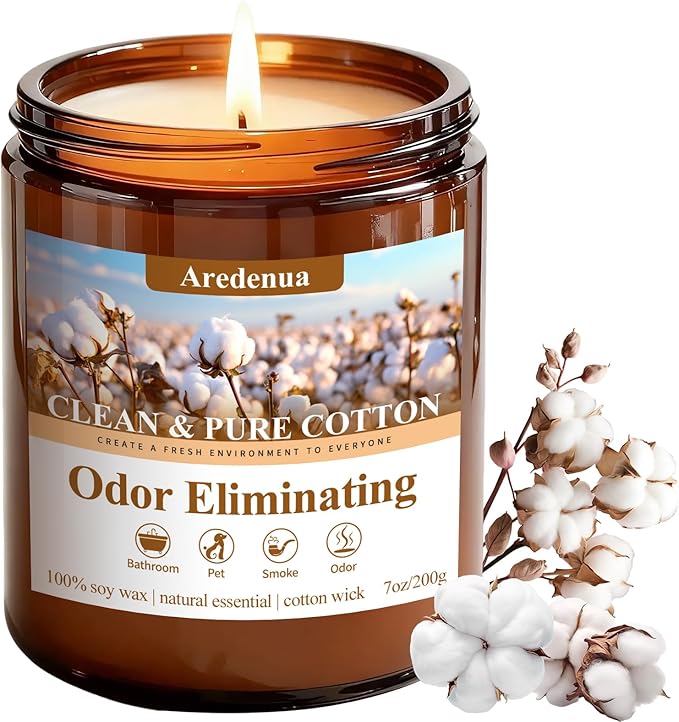 Clean & Pure Cotton Odor Eliminating Candles | Eliminates 95% of Pet, Bad Smell & Bathroom Odors – 7 oz Hand Poured Non-Toxic Soy Candle - Fresh Air Scented Candle Gentle for Pet - Gifts for Families
