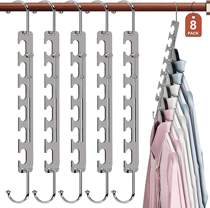 Sindax Space Saving Hangers Telescopic, 6 Holes Clothes Hangers Adjustment to 9 Holes, Upgraded Sturdy Metal Clothes Hangers Space Saving for Heavy Clothes, Closet Organizers and Storage - 8 Pack