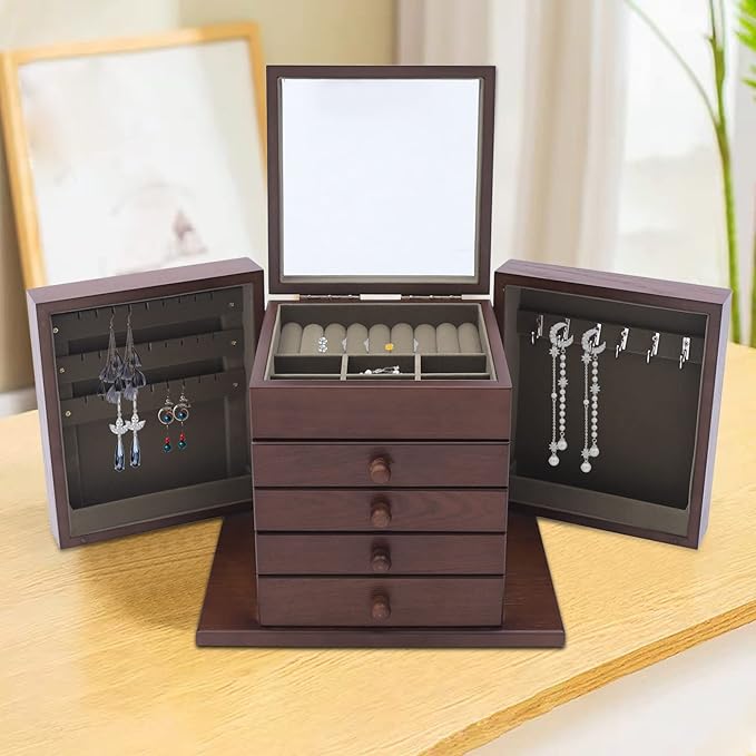 Large Wooden Jewelry Box 5 Layers Jewelry Storage with Mirror and 4 Drawers Gift for Women and Girls Necklace Ring Storage Box (Coffee+Carving)
