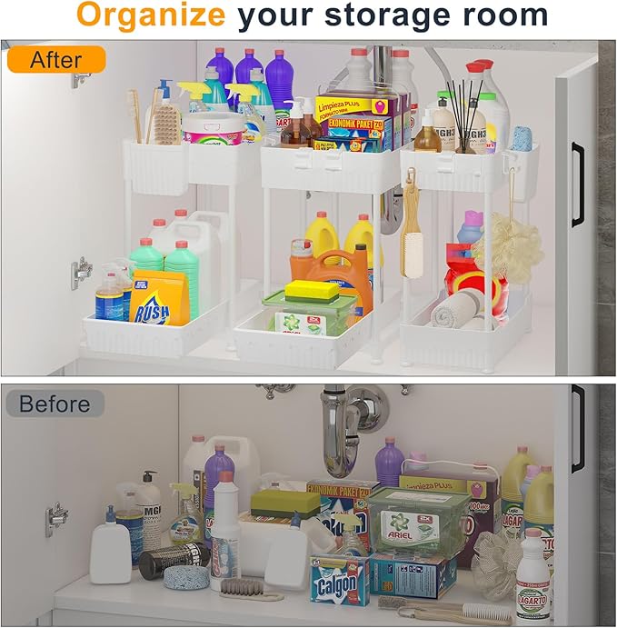 Sevenblue 3 Pack Under Sink Organizers, 2-Tier Multi-Use Kitchen and Bathroom Organizers and Storage with Sliding Drawers，Bathroom Cabinet Organizer (White, 12.8 Inch)
