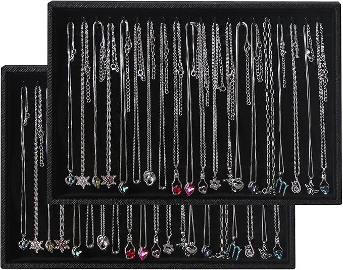 Julysky 2 Pcs/set Stackable Jewelry Organizer Trays，Necklace Tray+Necklace Tray, Jewelry Displays for Selling,Black