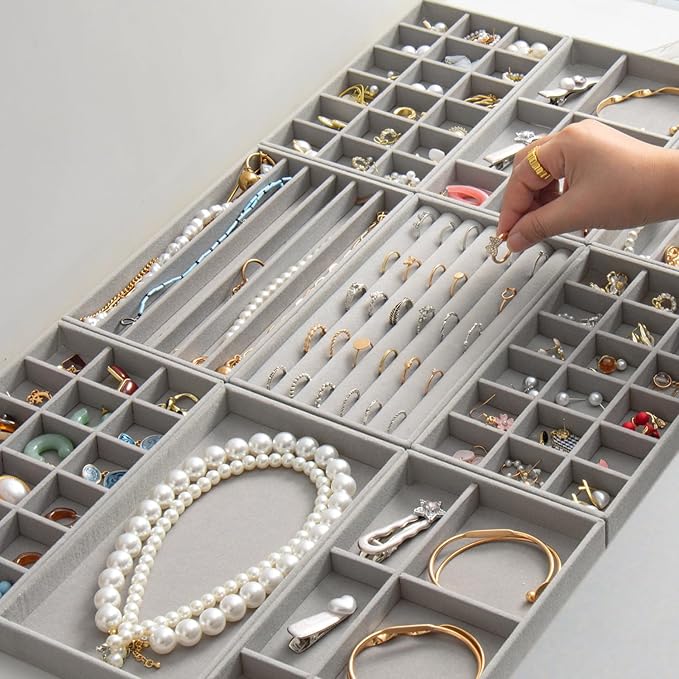 SPAKOWN Jewelry Drawer Organizer Inserts Set of 9, Velvet Jewelry Trays for Drawers, Storage for Earring, Ring, Necklace, Watch, Bracelet (Grey)