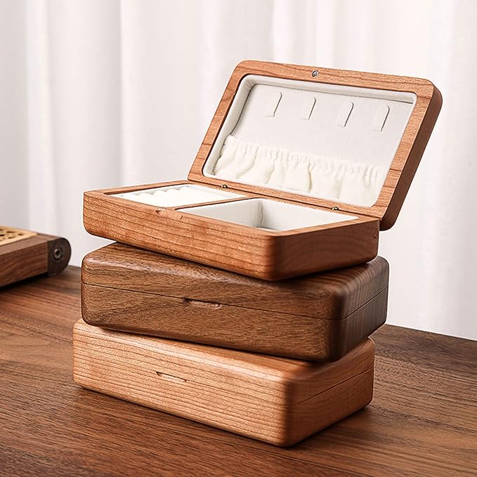 Jewelry Box Ladies Retro Travel Portable Mini Simple Solid Wood Wooden Small Jewelry Organize Storage Display Box (Walnut)