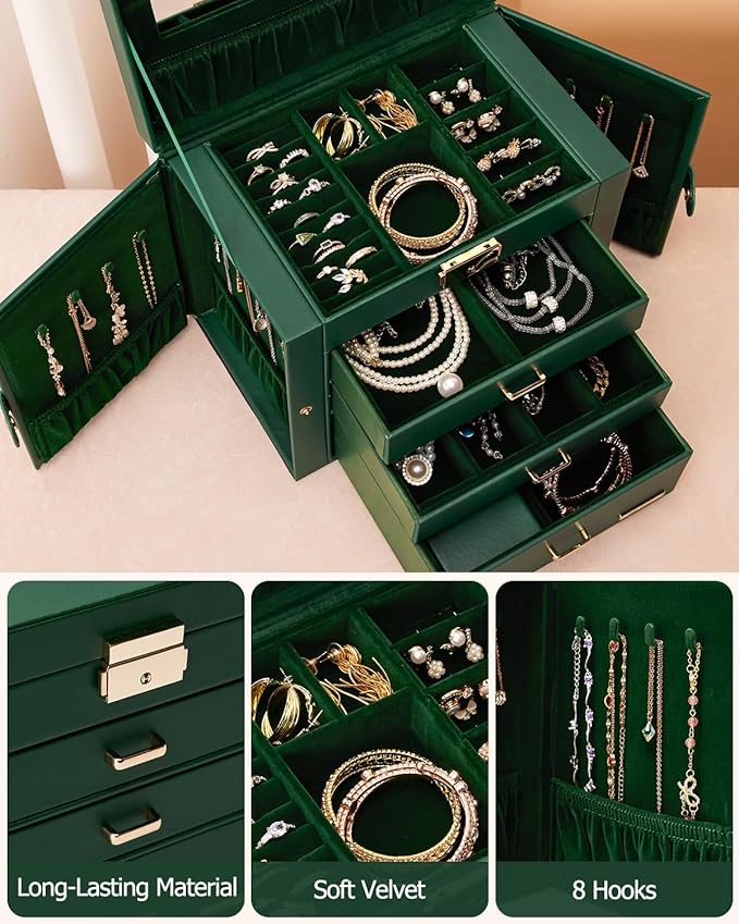 Homde 2 IN 1 Jewelry Box for Women Girls with Small Travel Case Mirror Necklace Ring Earrings Organizer (Forest Green + Gold)