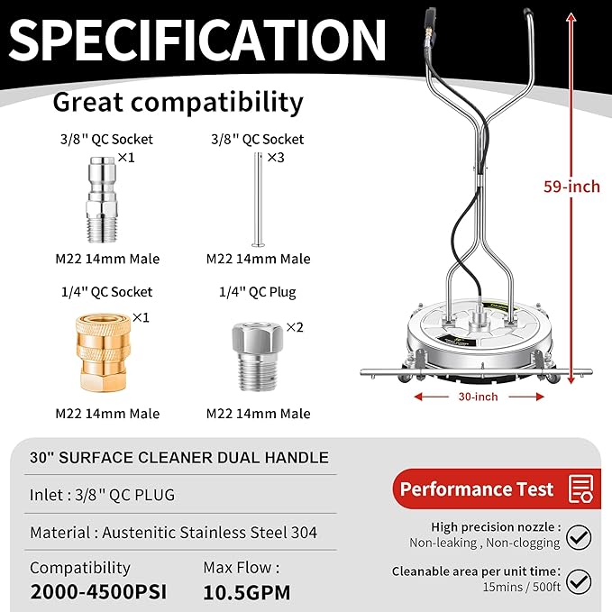 30" Pressure Washer Surface Cleaner Ultra with 7 Nozzles Water Broom, Stainless Steel Dual Handle Power Washer Surface Cleaner Hot Water Supported for Patio Decker Concrete Driveway, 5000 PSI