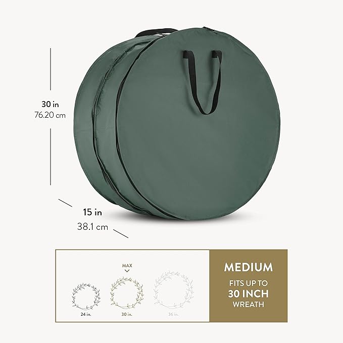 ZOBER Christmas Wreath Storage Container 30 Inch - Wreath Bag Fits 2 Wreaths Box - 600D Oxford Fabric - Interior Compartment for Storing Garlands, Wreaths Storage Bag W Strong Durable Handles - Green