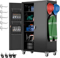 Black Metal Garage Cabinets with Wheels, 72.05” Lockable Rolling Storage Tool Cabinet with Wheels with Shelves&Pegboard&Hooks for Home Utility Room Warehouse, Assembly Required, Black