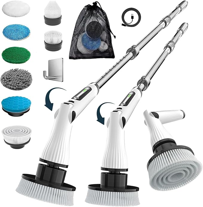 Electric Spin Scrubber, 8 in 1 Electric Cleaning Brush, Cordless Rechargeable Scrub Brush with 8 Replaceable Brush Heads, Adjustable Length and Angle Power Scrubber for Bathroom Tile Bathtub Glass