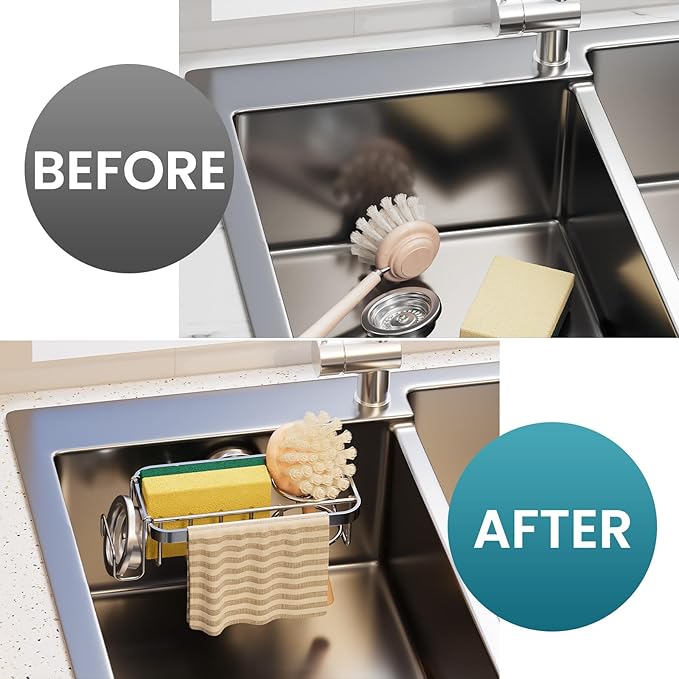 TAILI 4-in-1 Sponge Holder for Kitchen Sink with Strong Suction Cup Removable, Rustproof Aluminum Sink Caddy for Sponge, Brush, Scrubber, Scraper -Silver